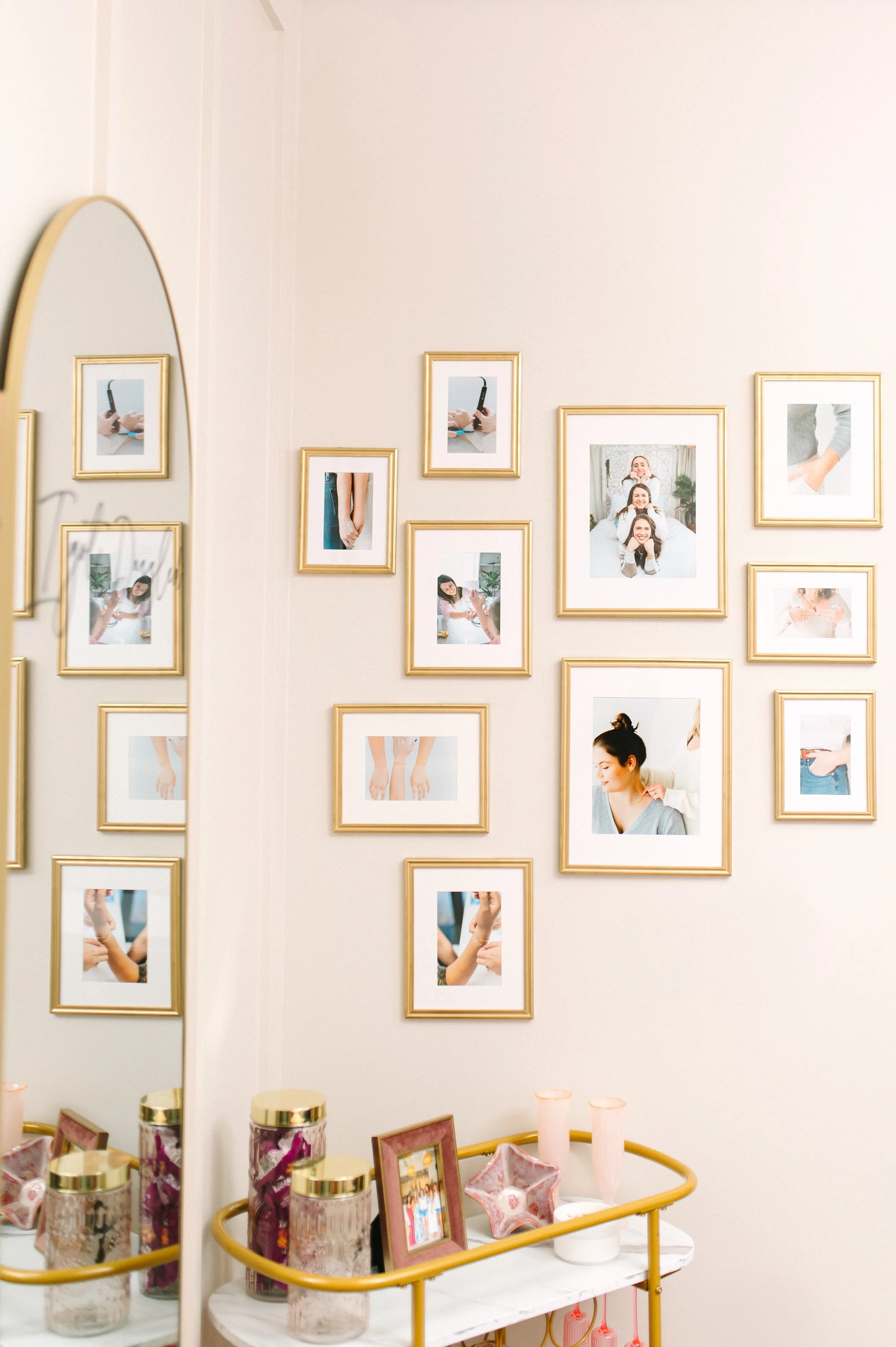 Gallery wall and mirror in retail space.