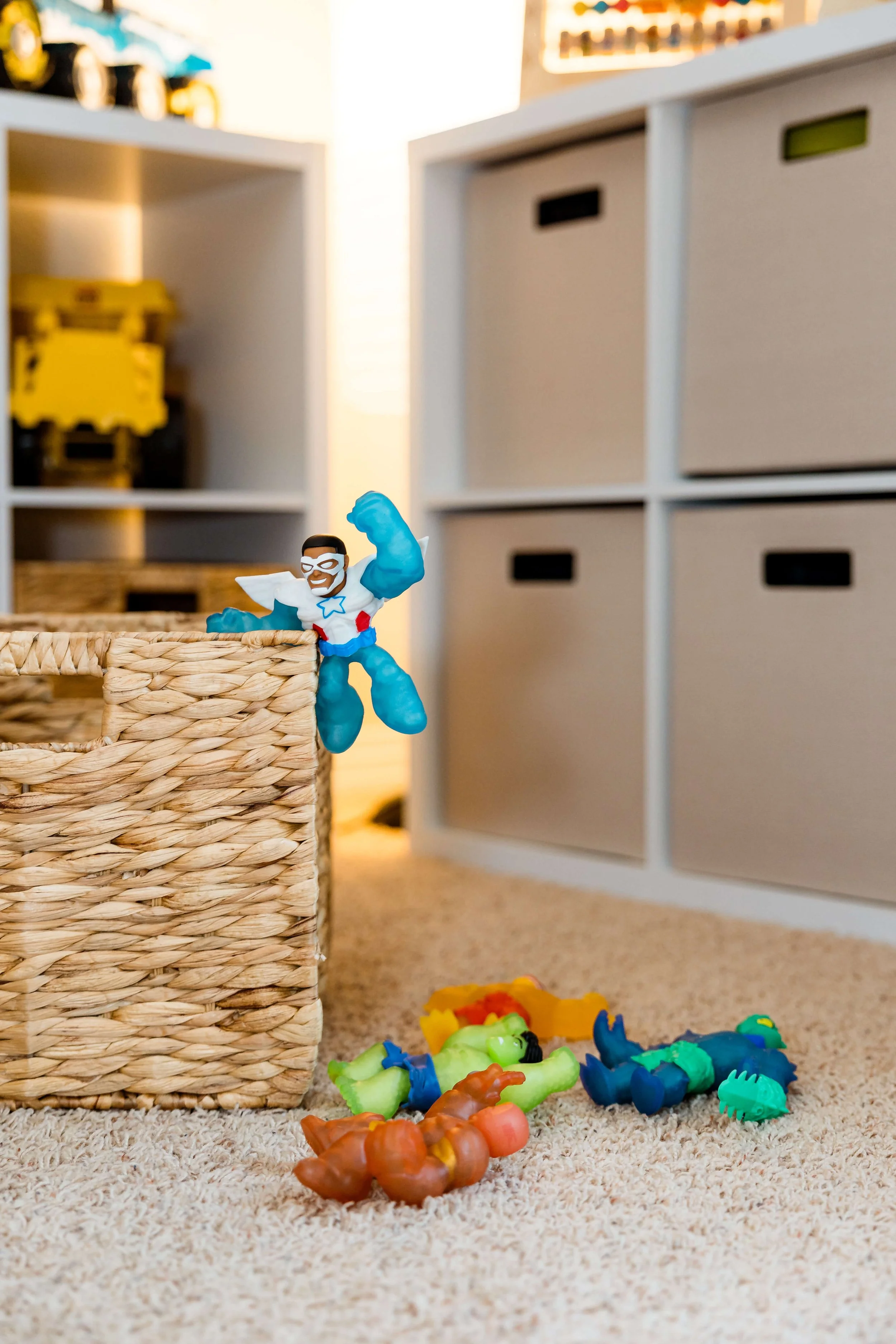 Close-up of action figures having fun but organized.