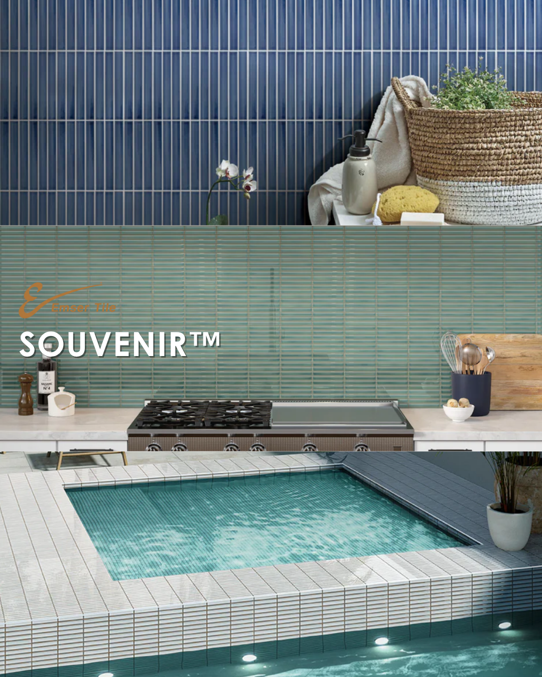 An outdoor pool with a tiled deck, and a modern kitchen with a green tiled backsplash.