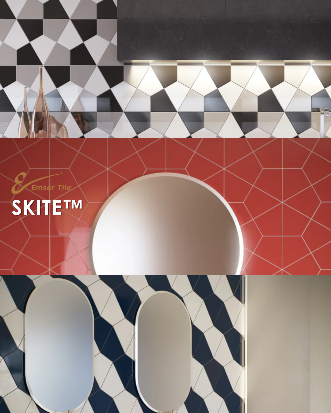 Close-up of three different wall tiles with geometric patterns and mirrors, showcasing modern bathroom or interior design elements.