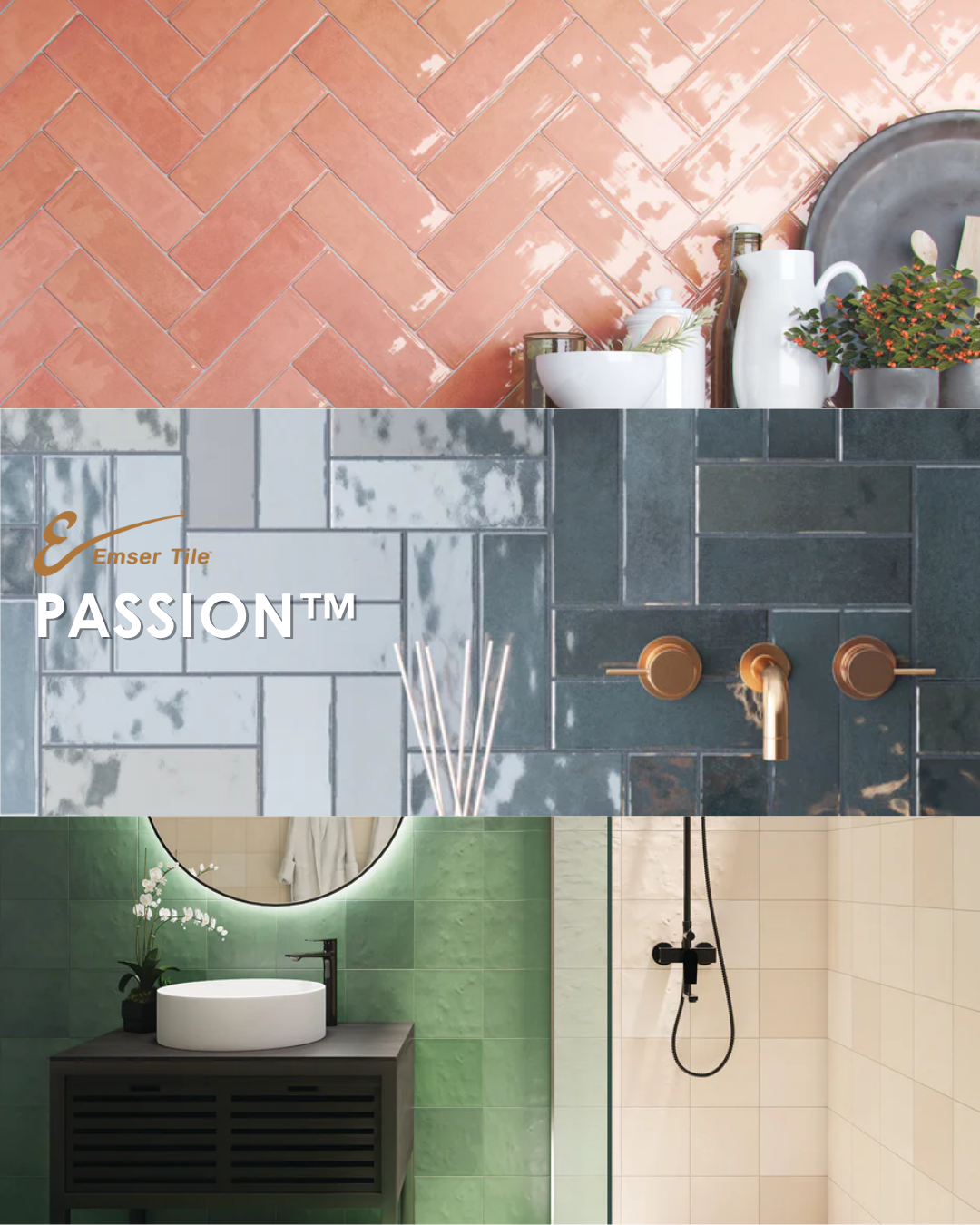 Three different bathroom designs. The top features a pink herringbone tile floor with decorative ceramic dishes and plants. The middle showcases bluish-gray marble tiles with bronze fixtures and reed diffuser. The bottom displays a green tiled wall with a round mirror, white sink, and a separate shower area with cream tiles.