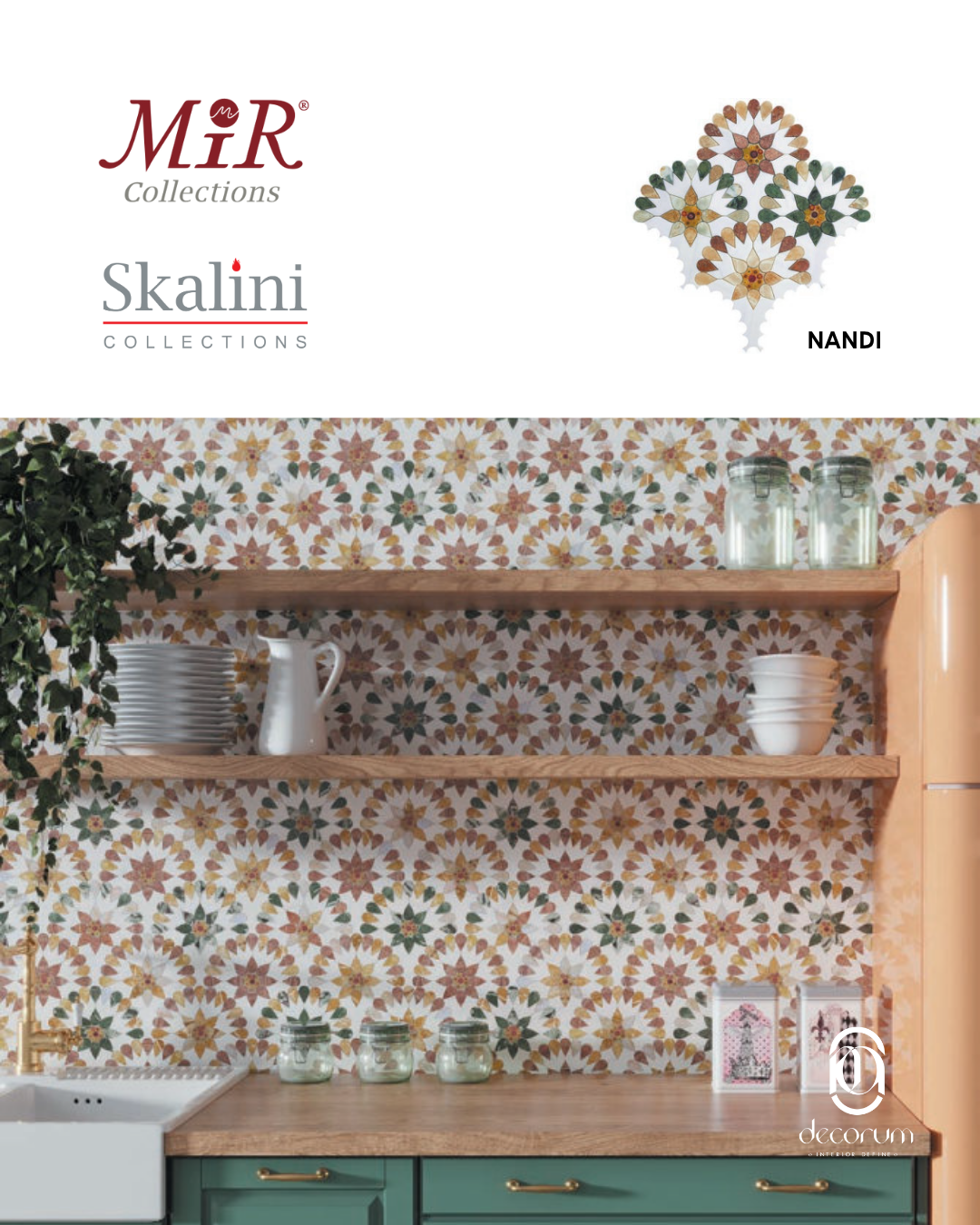 Decorative kitchen backsplash with colorful floral tile pattern, wooden open shelves holding white dishes, glass jars, white pitchers, and framed pictures, green kitchen cabinet with gold handles.