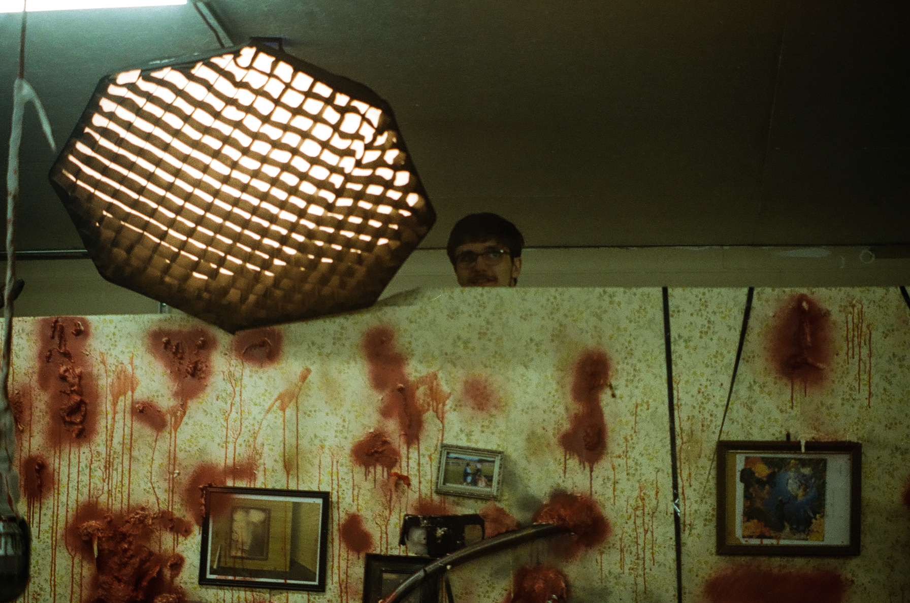 A person with glasses peering over a wall that is covered in red, textured material resembling brains. The room has a large, geometric light fixture hanging from the ceiling and framed pictures on the wall.