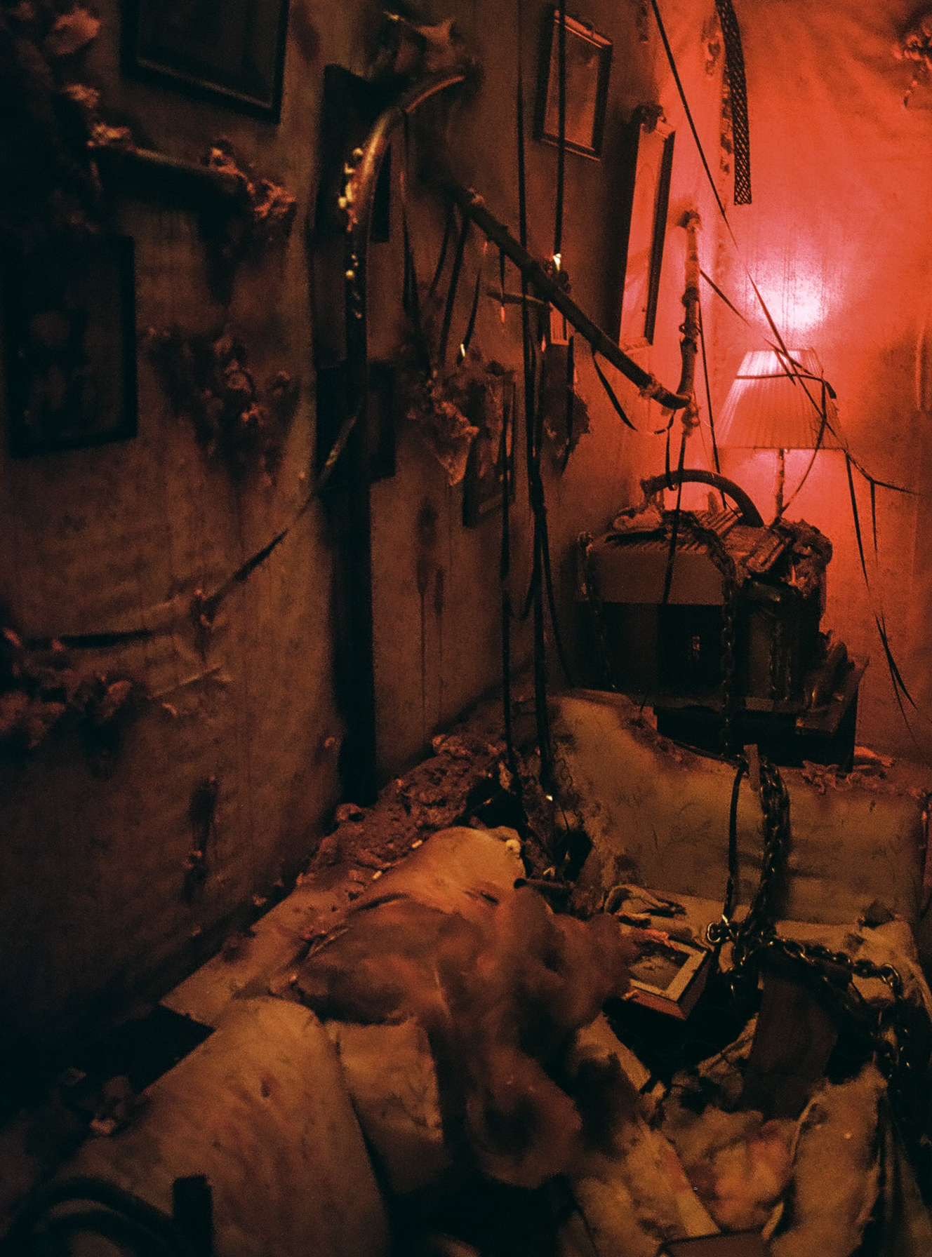 A dimly lit room with dark reddish lighting, decorated with various framed pictures and creepy ornaments on the wall. The scene features a skeleton hanging from the ceiling among hanging ropes and chains. There is an old television set in the corner,