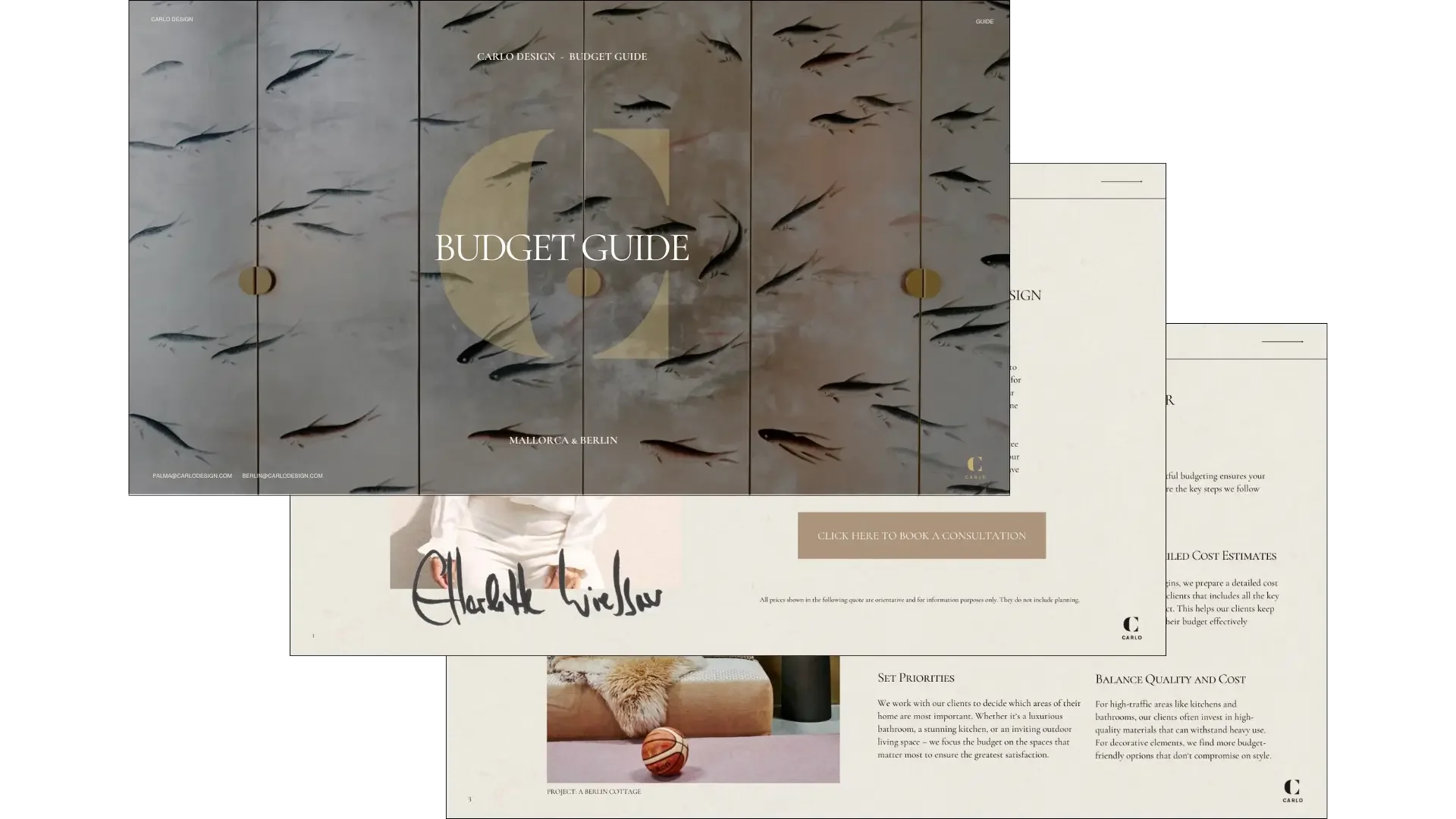 A children's book with a soft cover showing a person sitting on a couch and a dog, alongside text about set priorities and balance quality and cost. Overlaid is a brochure titled "Budget Guide" featuring fish swimming, with a signature at the bottom.