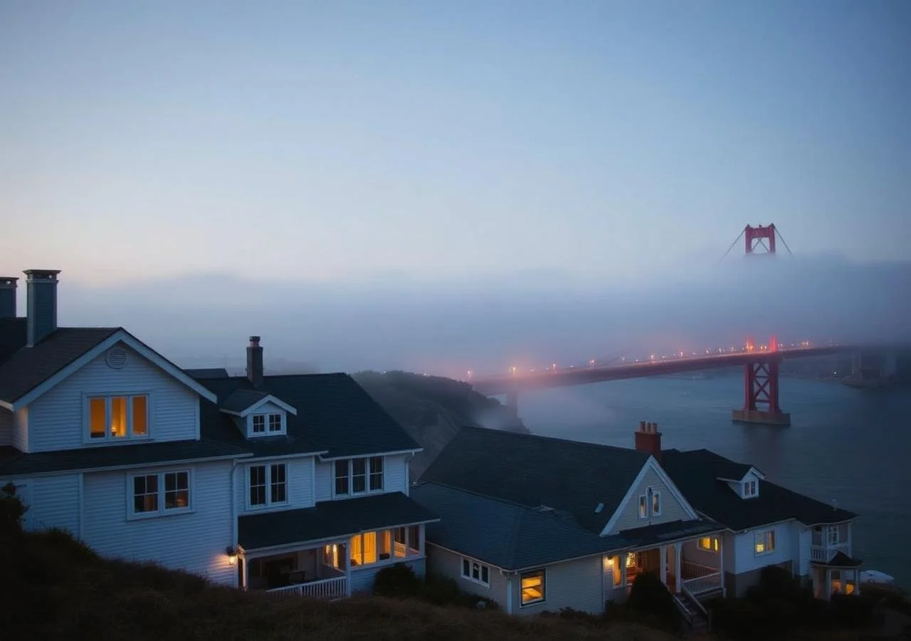 Houses with illuminated windows on the foreground and the Golden Gate Bridge partially shrouded in fog in the background during dusk.