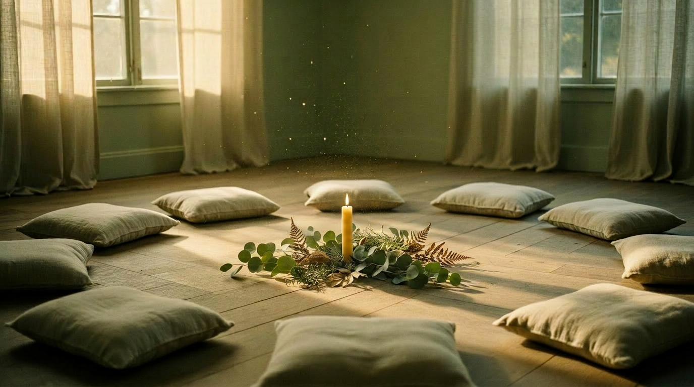 A candle surrounded by greenery and ferns glowing in a circle on a wooden floor, with cushions arranged in a semi-circle around it, and sunlight filtering through sheer curtains in the background.