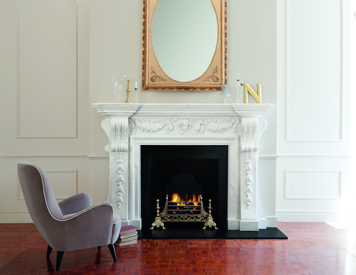 Acquisitions reference photograph of a traditional marble fireplace