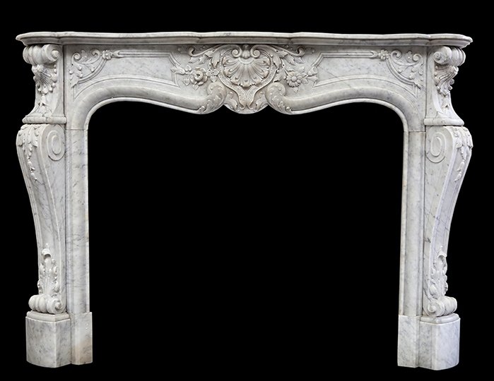 Antique Fireplaces - 19th Century Rich Sculpted Louis XV White Carrara Marble Fireplace Surround