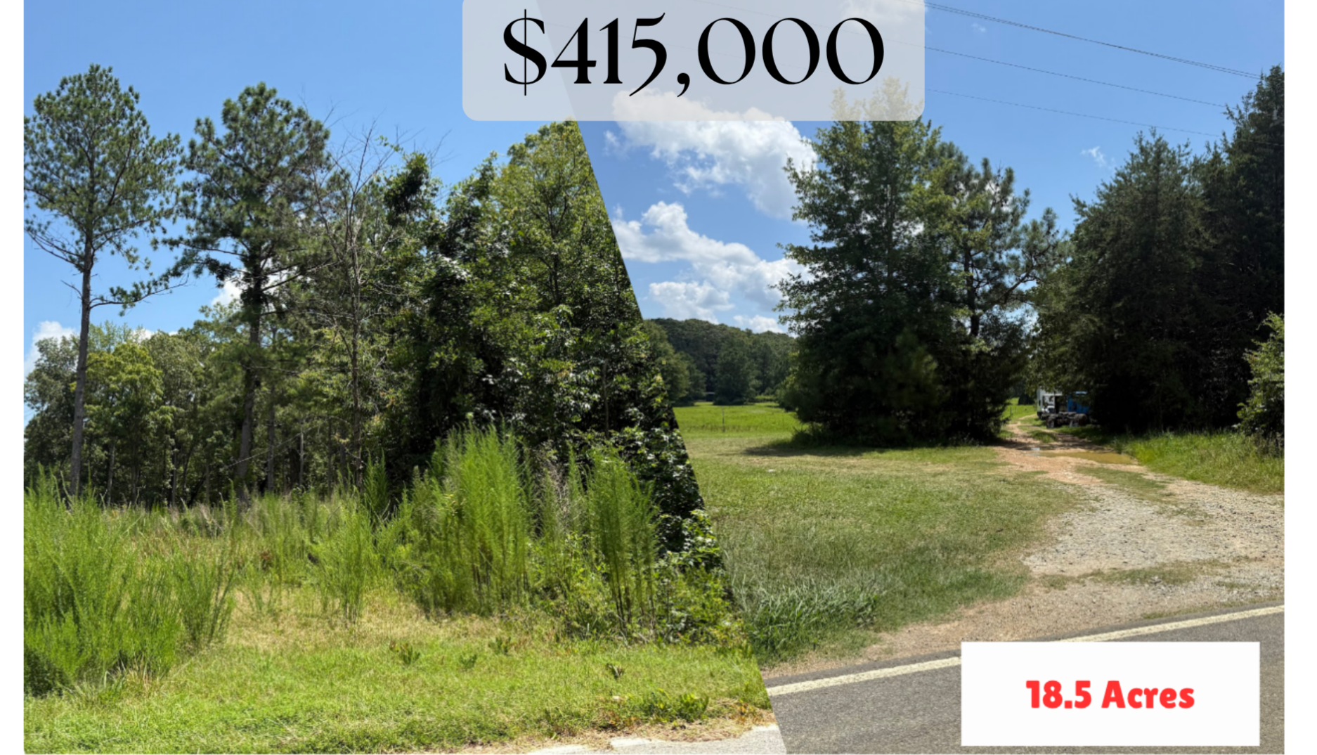 Split image showing a dense, wooded area with tall trees and locust bushes on the left, and a cleared grassy field with a dirt path on the right, labeled '18.5 Acres'.