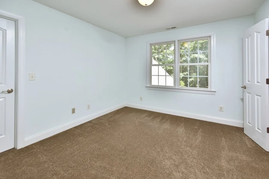 Empty bedroom with beige carpet, white walls, a window showing green trees outside, a ceiling light, and two white doors.