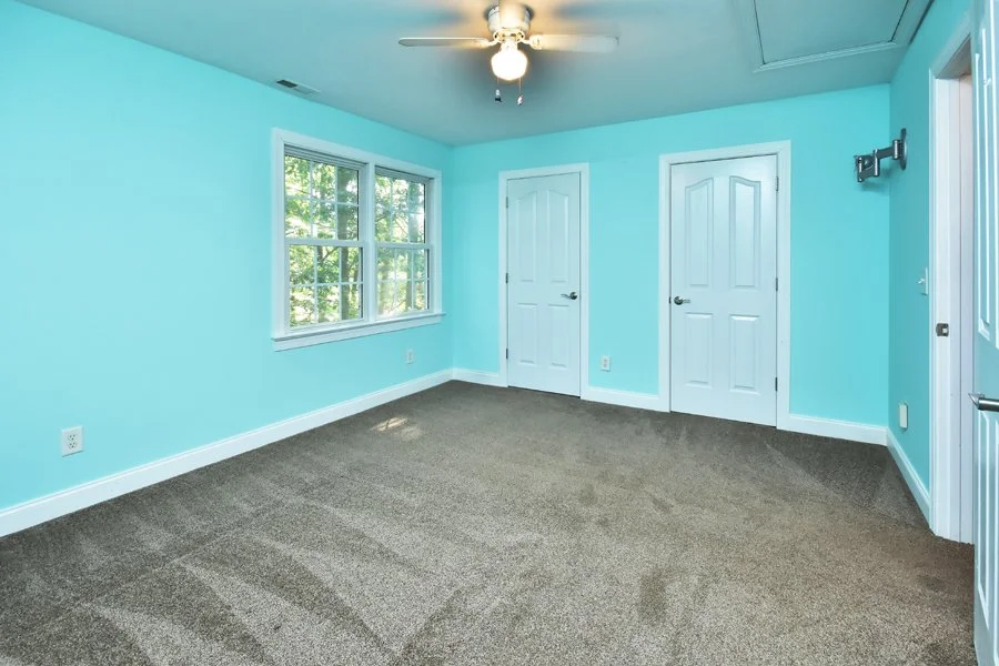 Empty bedroom with turquoise walls, two white doors, a window with views of trees, and a ceiling fan with a light.