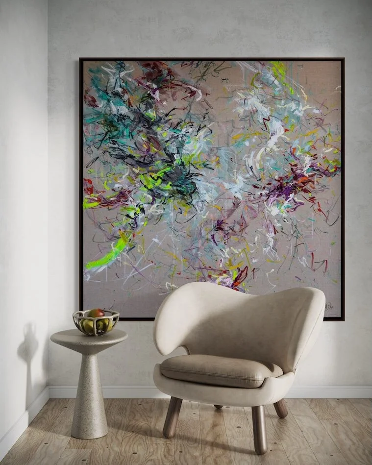 'abstract painting  untamed' by jo fitzgerald behind chair