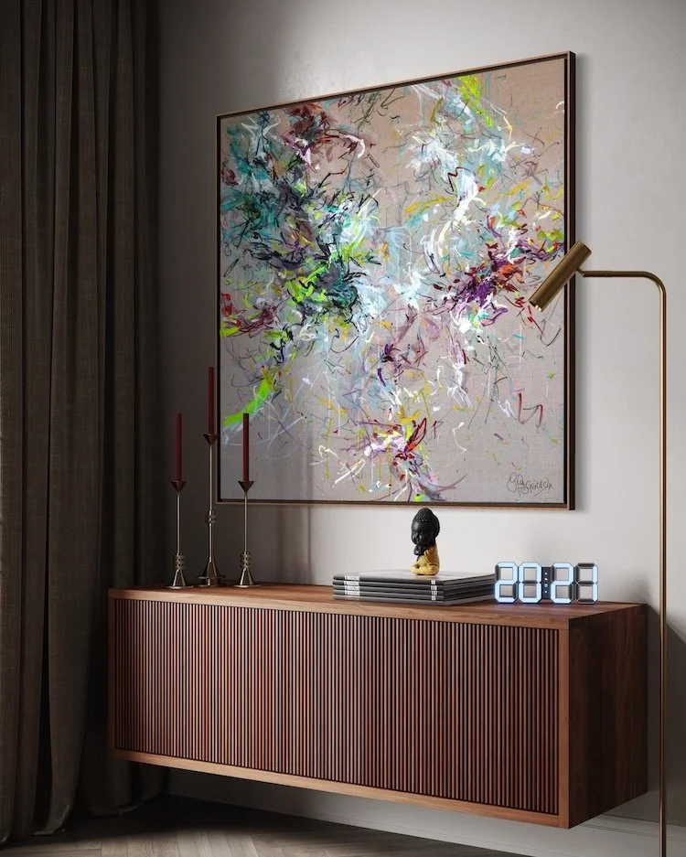 'abstract painting  untamed' by jo fitzgerald above console