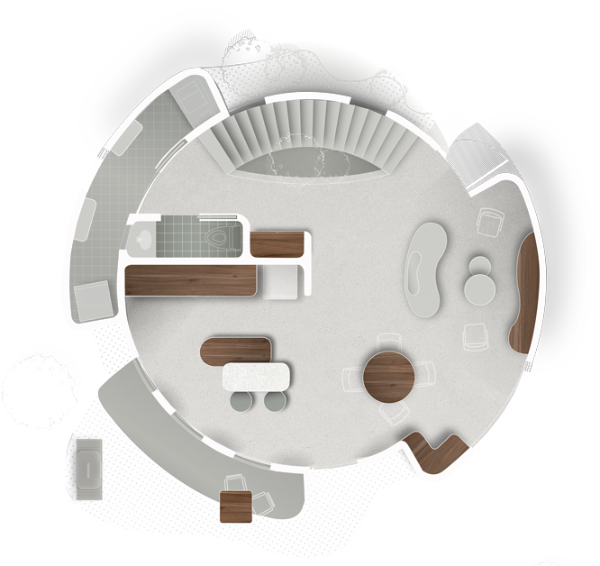 Ground floor layout plan of a biomimetic villa, showing open living spaces, circular flow, and indoor-outdoor design for living in Tulum.