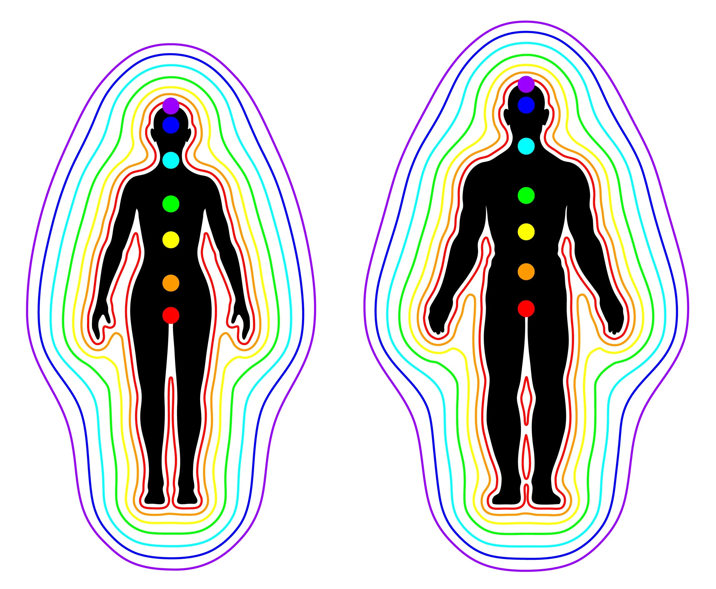 Two human silhouettes depicted in black, each with colored circles along the body's centerline indicating specific energy centers or chakras, surrounded by multi-colored concentric contour lines.