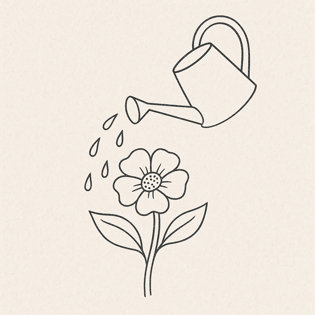 Simple line drawing of watering a flower with a watering can.