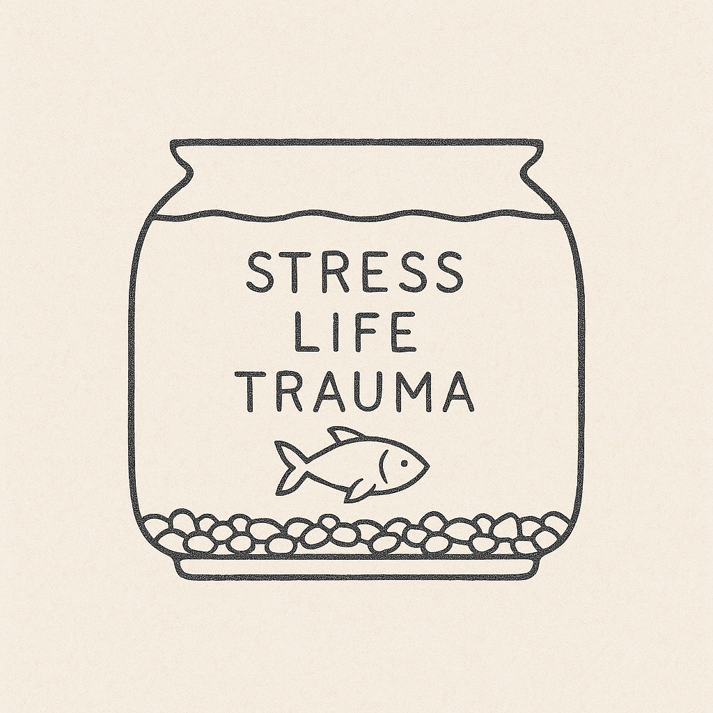 A drawing of a fishbowl with the words 'Stress Life Trauma' inside and a fish swimming at the bottom.