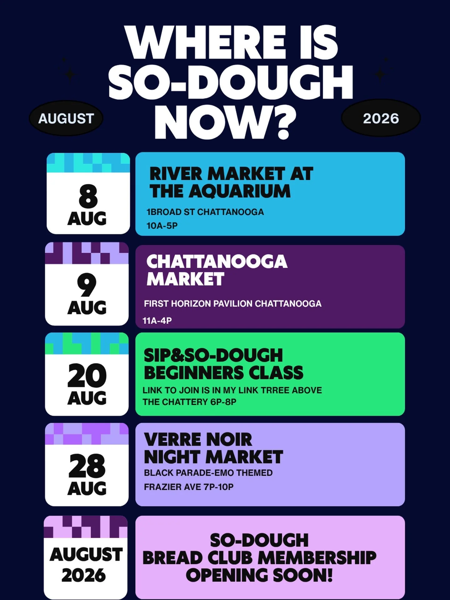 There is so much happening over here in my So-Dough world! ✨🔥🍞

&bull;8/8, 8/9 I&rsquo;ll be at the river (@chattarivermarket)and the pavilion (@chattamarket) as per usual this weekend and it&rsquo;s CUPCAKES ALL MONTH!! Cherry Chocolate and Cherry