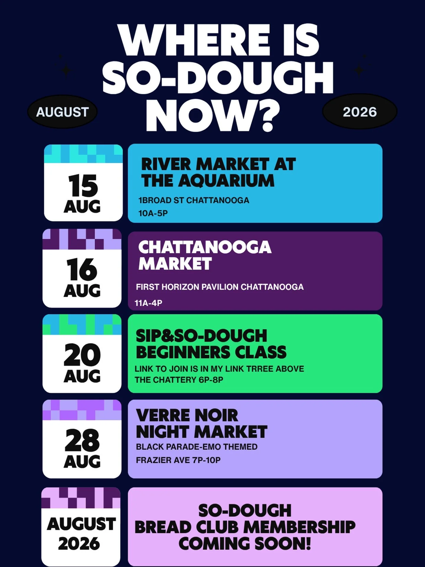There is so much happening over here in my So-Dough world! ✨🔥🍞

&bull;8/15, 8/16 I&rsquo;ll be at the river (@chattarivermarket)and the pavilion (@chattamarket) as per usual this weekend and it&rsquo;s CUPCAKES ALL MONTH!! Triple Berry Chocolate an