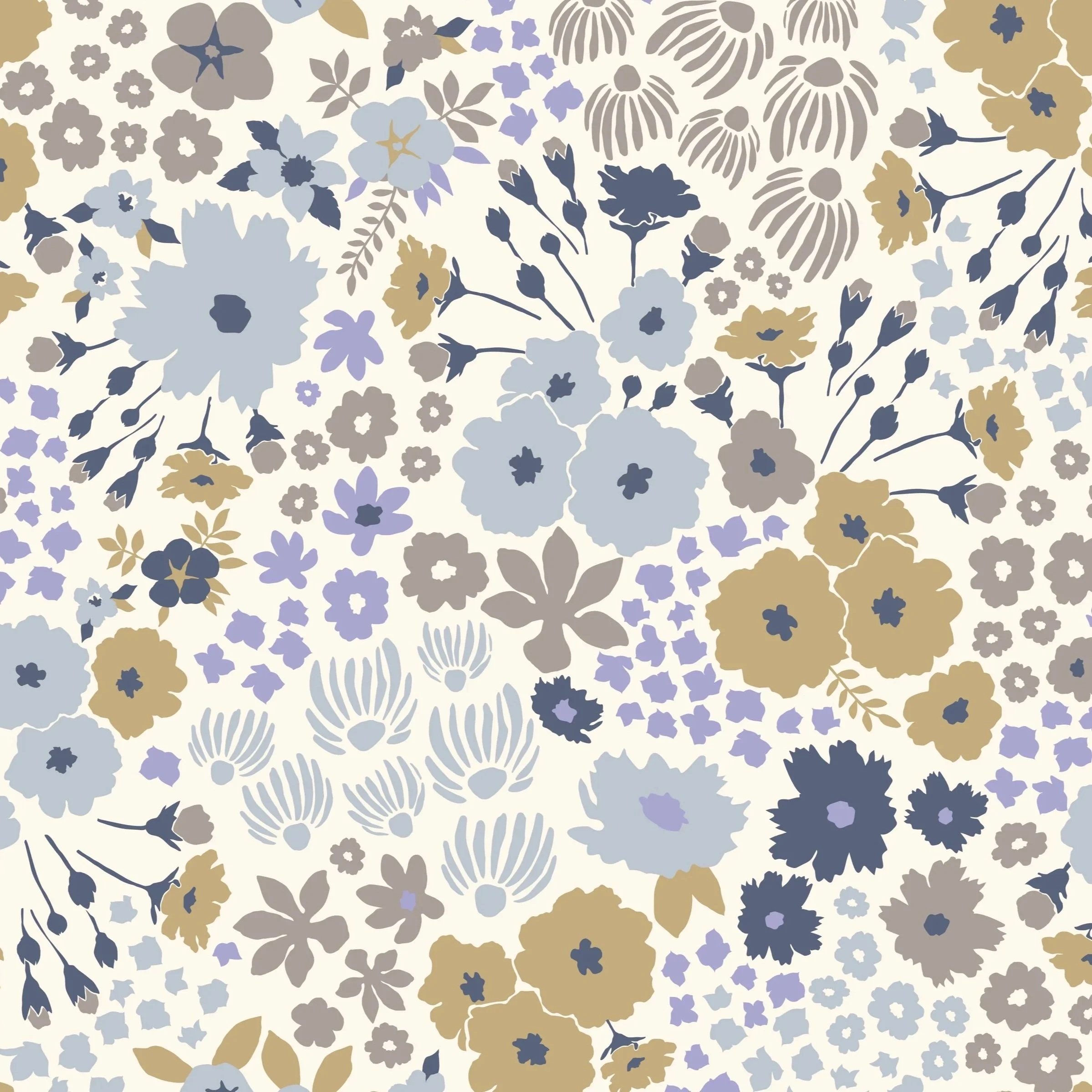 tossed floral repeat pattern for girls dress fabric or wallpaper in autumn colours muted blue, indigo blue, boho yellow, taupe, warm cream,