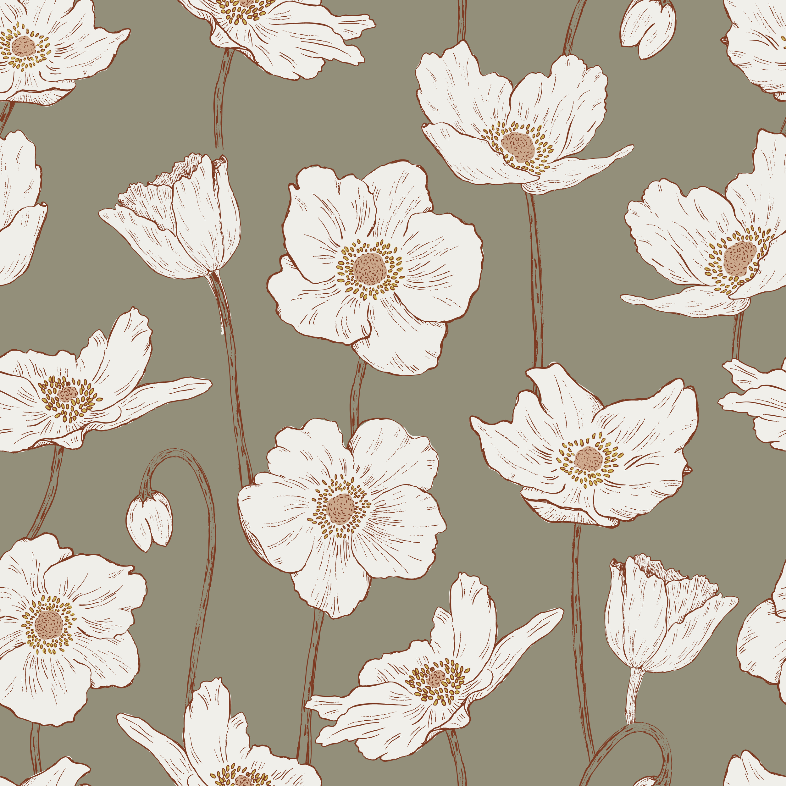 floral pattern for fabric and wallpaper featuring Japanese Anemone flowers and trailing stems in cream and dark sage green