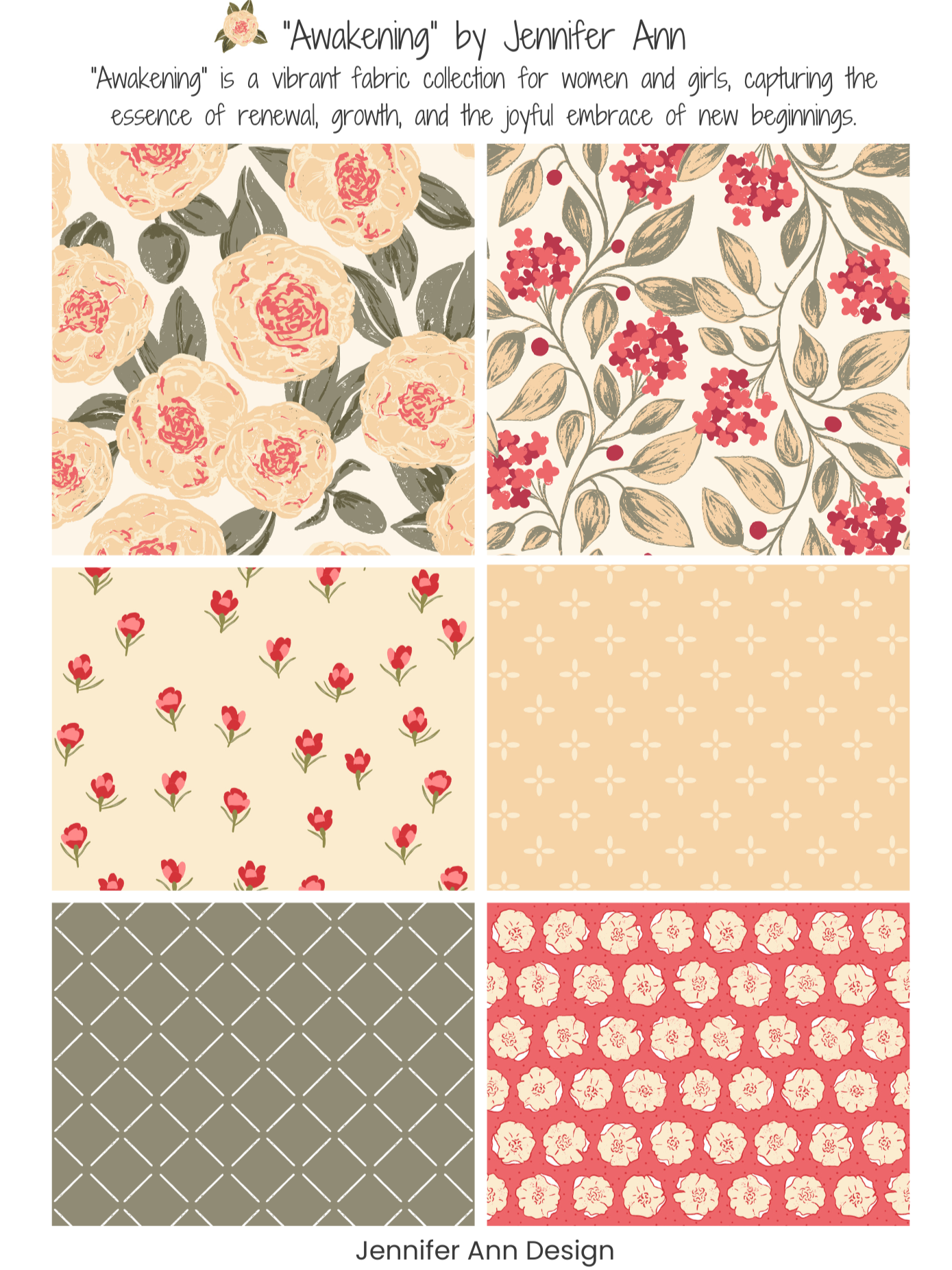 summer fabric and wallpaper collection featuring peach coloured peonies, red lilacs and delicate tulips.  Green geometric lattice design. Coordinating hero, coordinates and blender repeat patterns in cheerful red, peach, yellow, cream and green