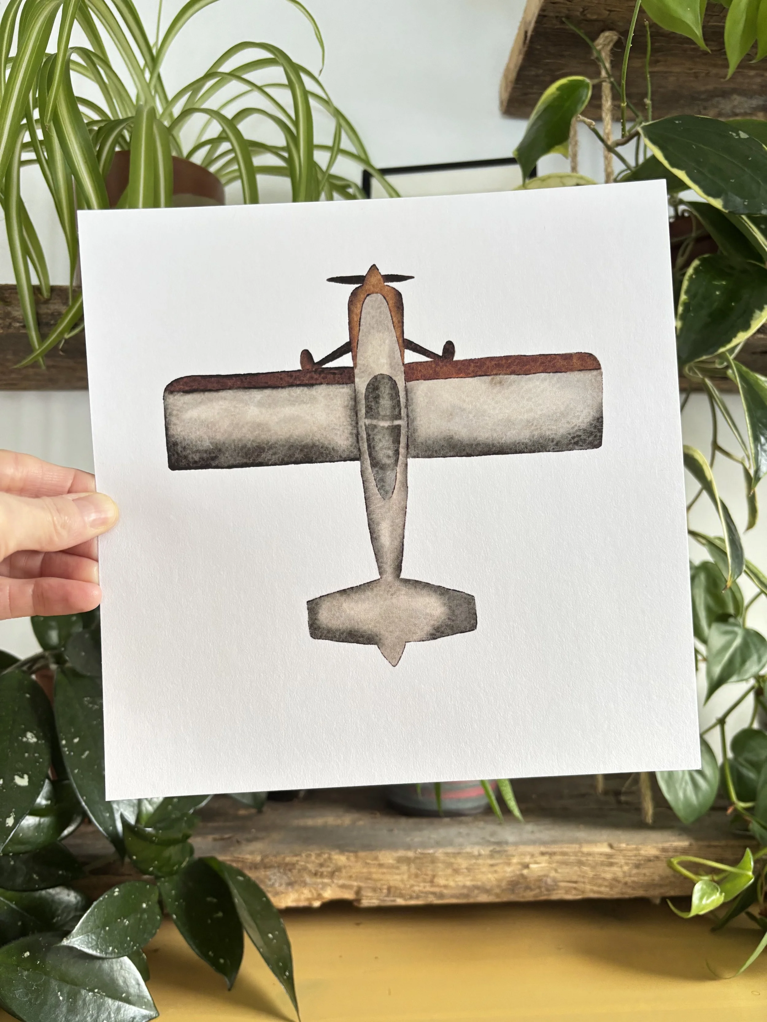 Watercolor painting of a vintage Van's aircraft viewed from above, showing top, wings, and tail.