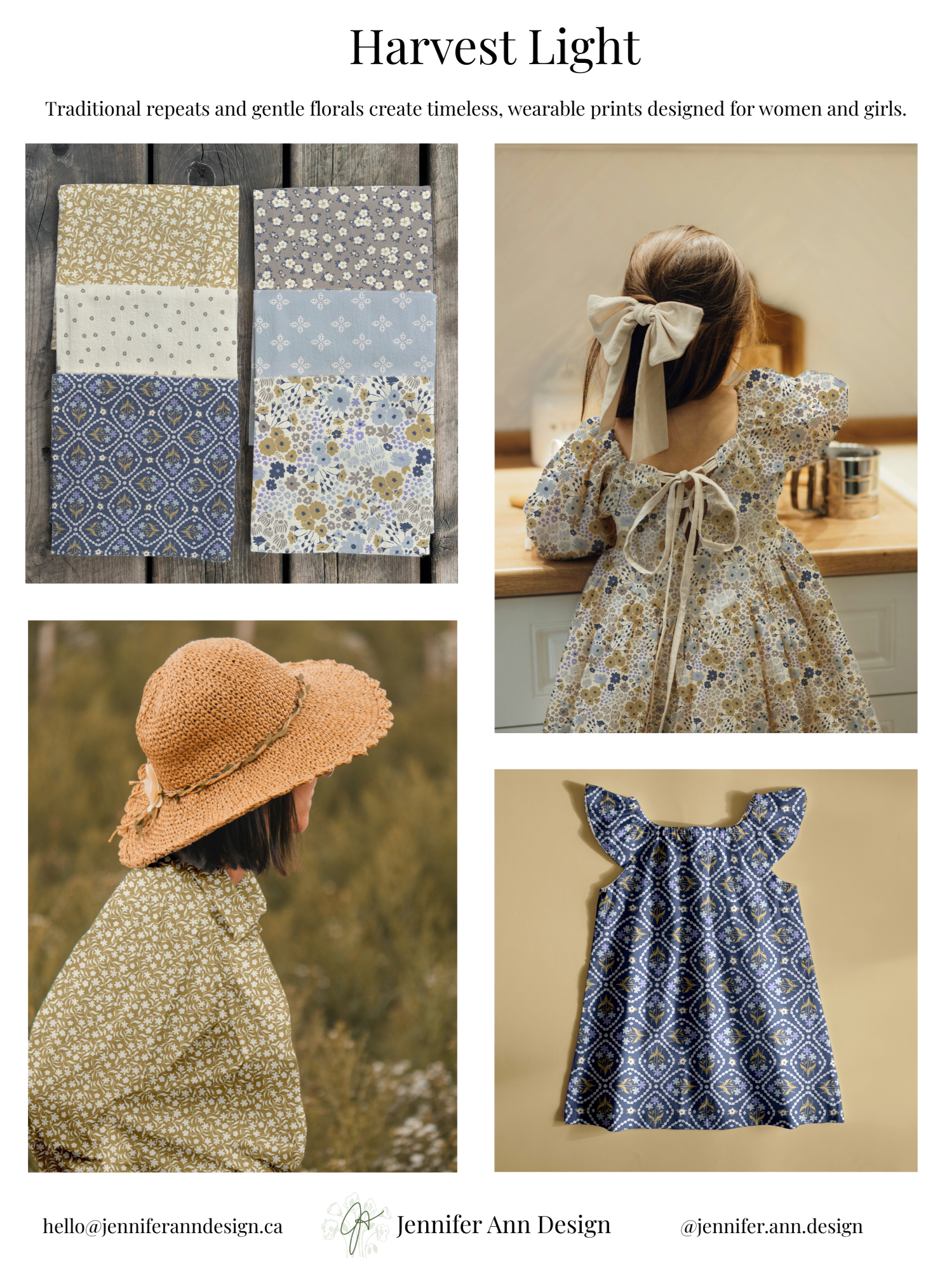 fall fabric collection in muted autumn colours with tossed wildflowers, geometric and lace bouquets with hero, coordinates and blender patterns, with mock ups of girls dresses and womens clothing