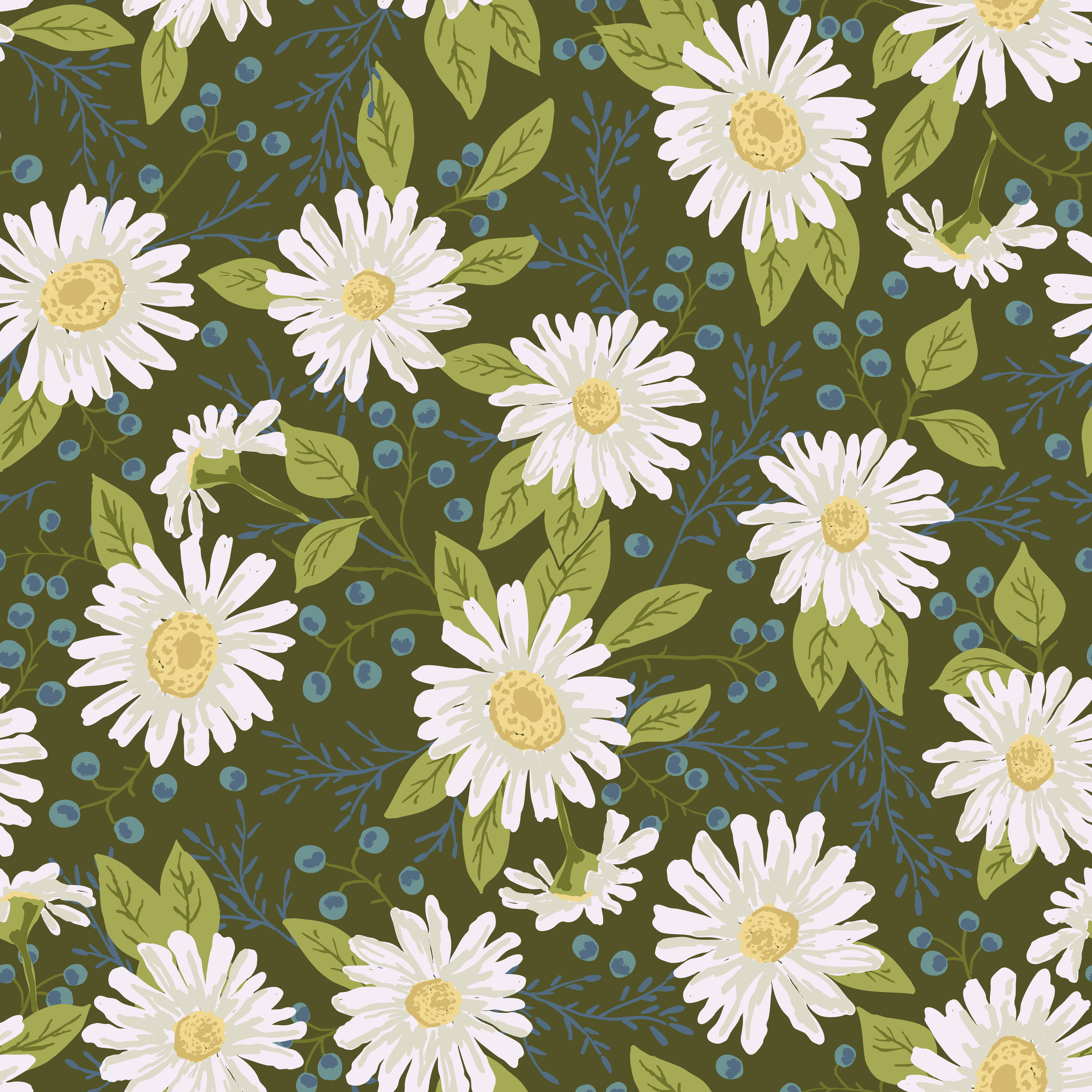 gouache painting of while flowers and blue berries on dark olive green background arranged in a repeat pattern for fabric and wallpaper