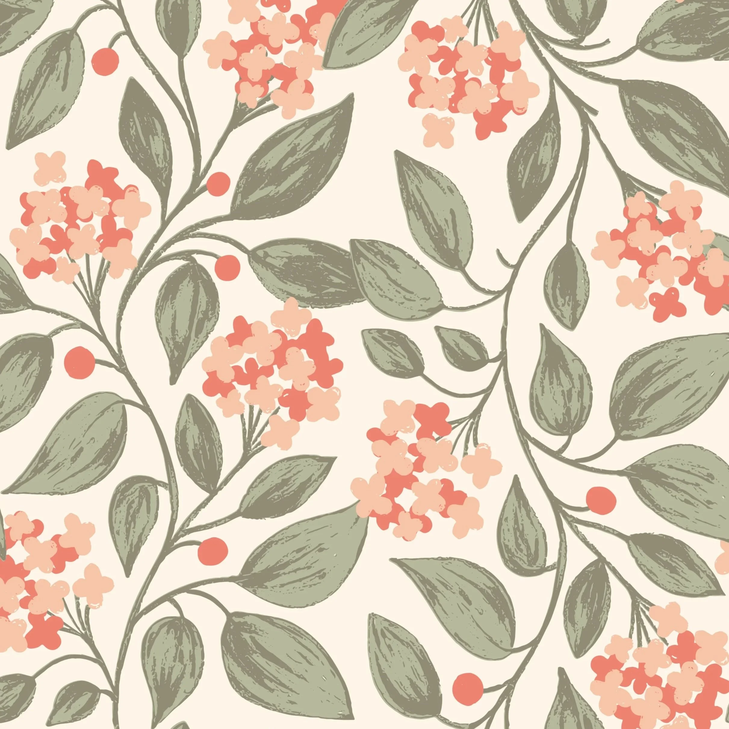 spring repeat pattern for fabric and wallpaper pattern with trailing green vines and coral flowers