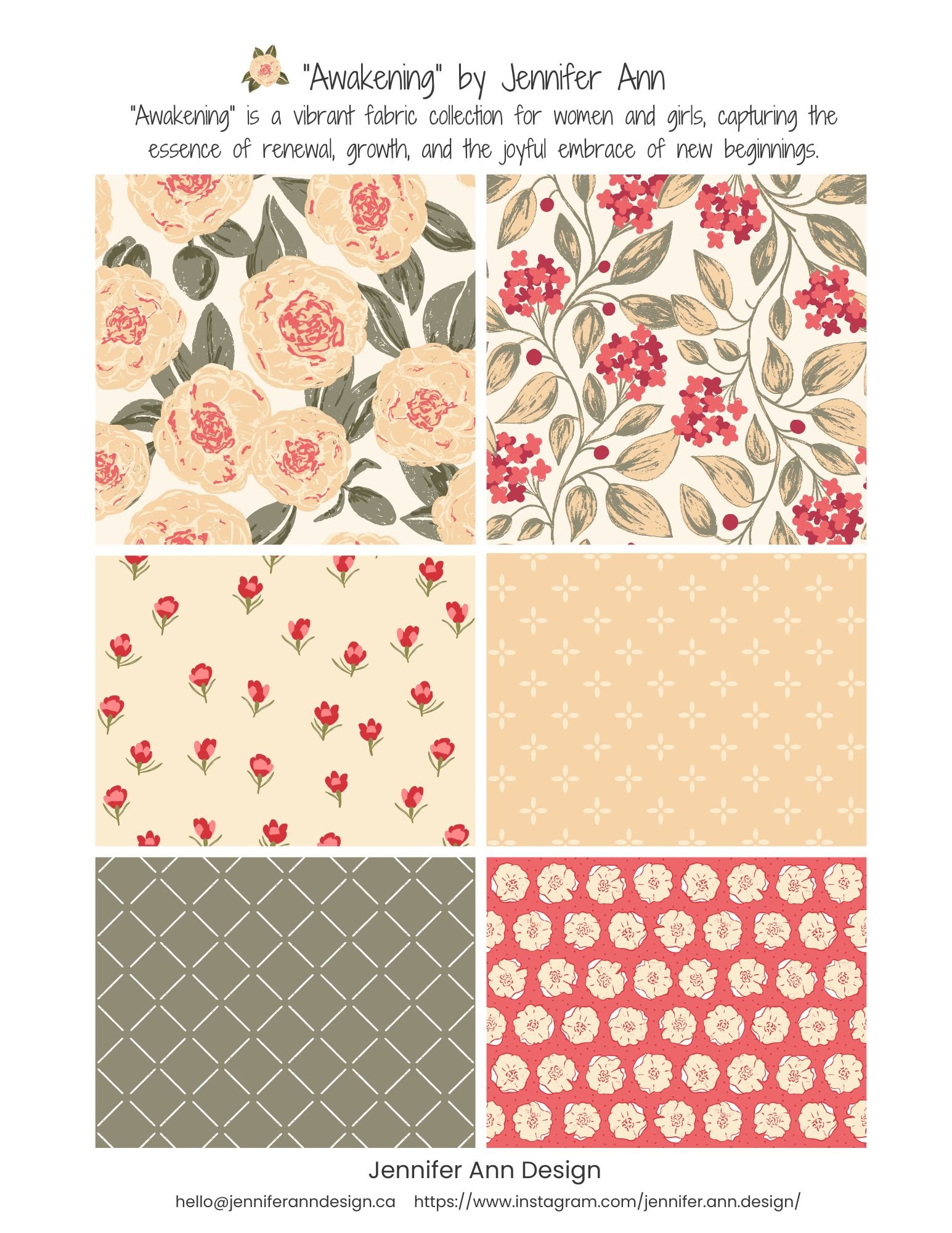 Pitch sell-sheet of a spring fabric collection called Awakenings.  A compilation of six fabric patterns with floral and geometric designs, titled 'Awakening' by Jennifer Ann, featuring pastel and muted tones.