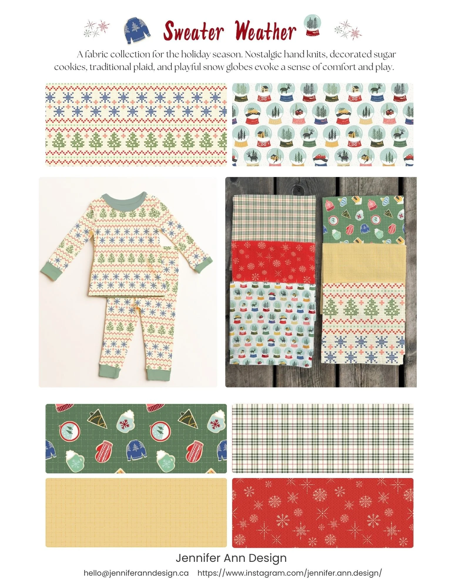 Pitch sell-sheet of a holiday-themed fabric collection called Sweater Weather. Designs include snowflakes, Christmas trees, snow globes, and holiday colors, and a folded pajama set on a wooden background, all with a holiday and Christmas theme.