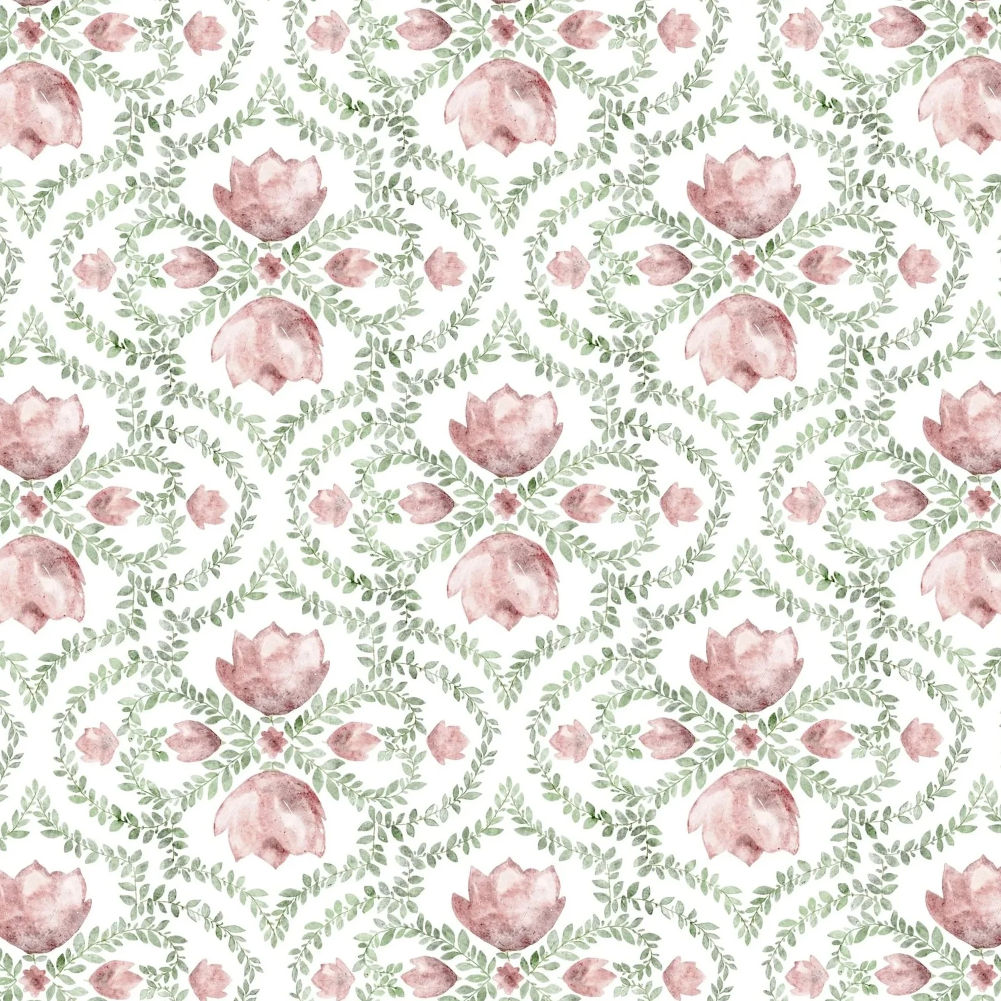 cottagecore traditional look repeat pattern for fabric and wallpaper featuring red flowers and green leaves in traditional ogee-style pattern