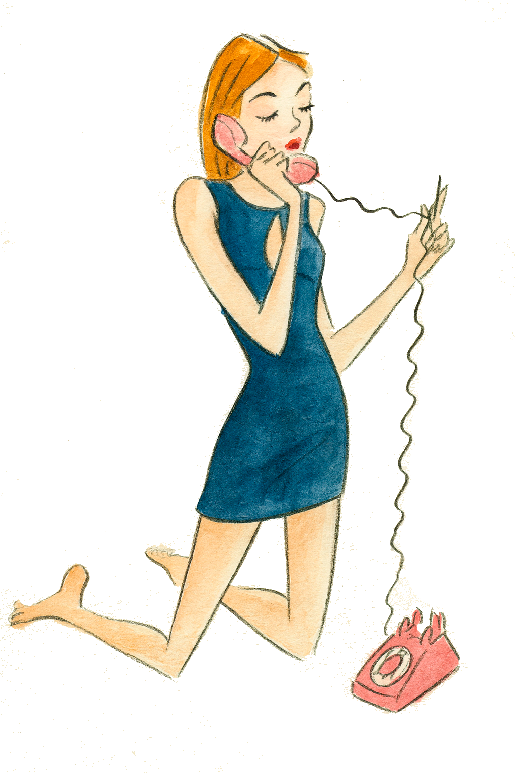 A woman with red hair kneeling on the floor, talking on a pink rotary phone, holding the receiver with her left hand, and looking at her phone screen with a slight smile. She is wearing a sleeveless blue dress and has a relaxed posture.