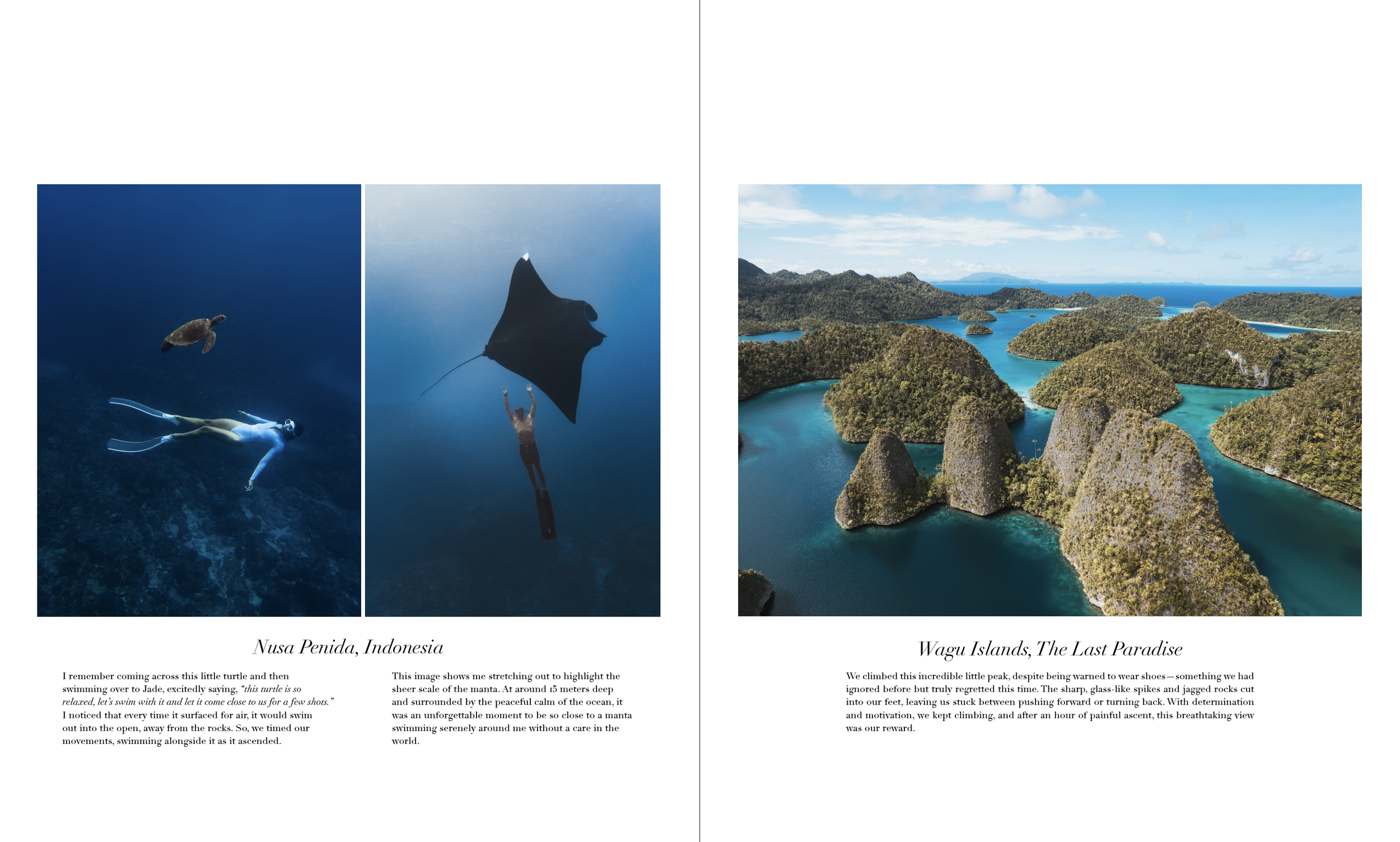 Photography and copy by Jed Kenny; editorial design by Paige Colley. I developed a clean, image-first grid system to showcase his immersive travel photography and narrative, experimenting with negative space and a minimal aesthetic to let the landsca