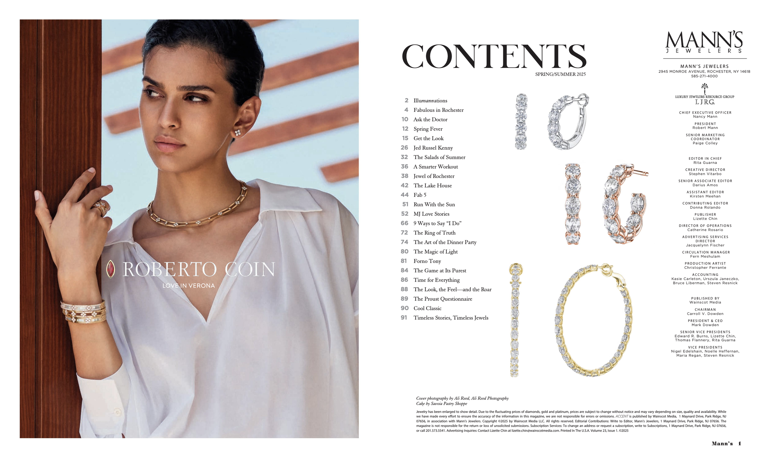 Designed table of contents for 96-page biannual publication featuring lifestyle imagery and hierarchical typography. Managed production timeline coordinating with 20+ photographers, writers, and vendor partners