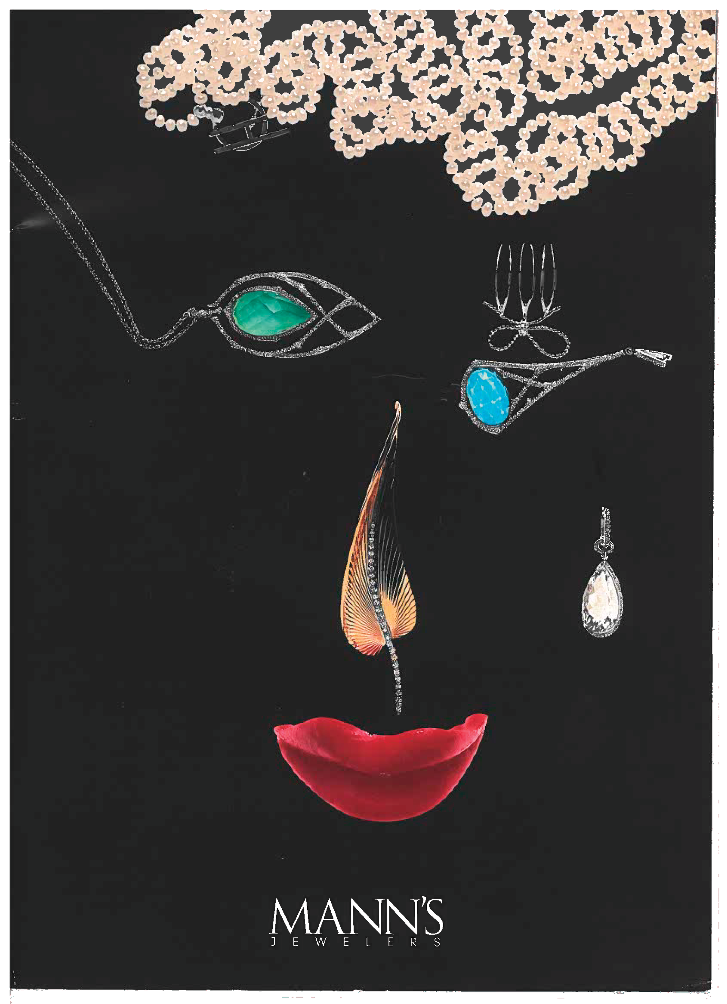 Arrangement of various jewelry pieces, including necklaces, rings, earrings, and a bracelet, displayed against a black background at Mann's Jewelers.