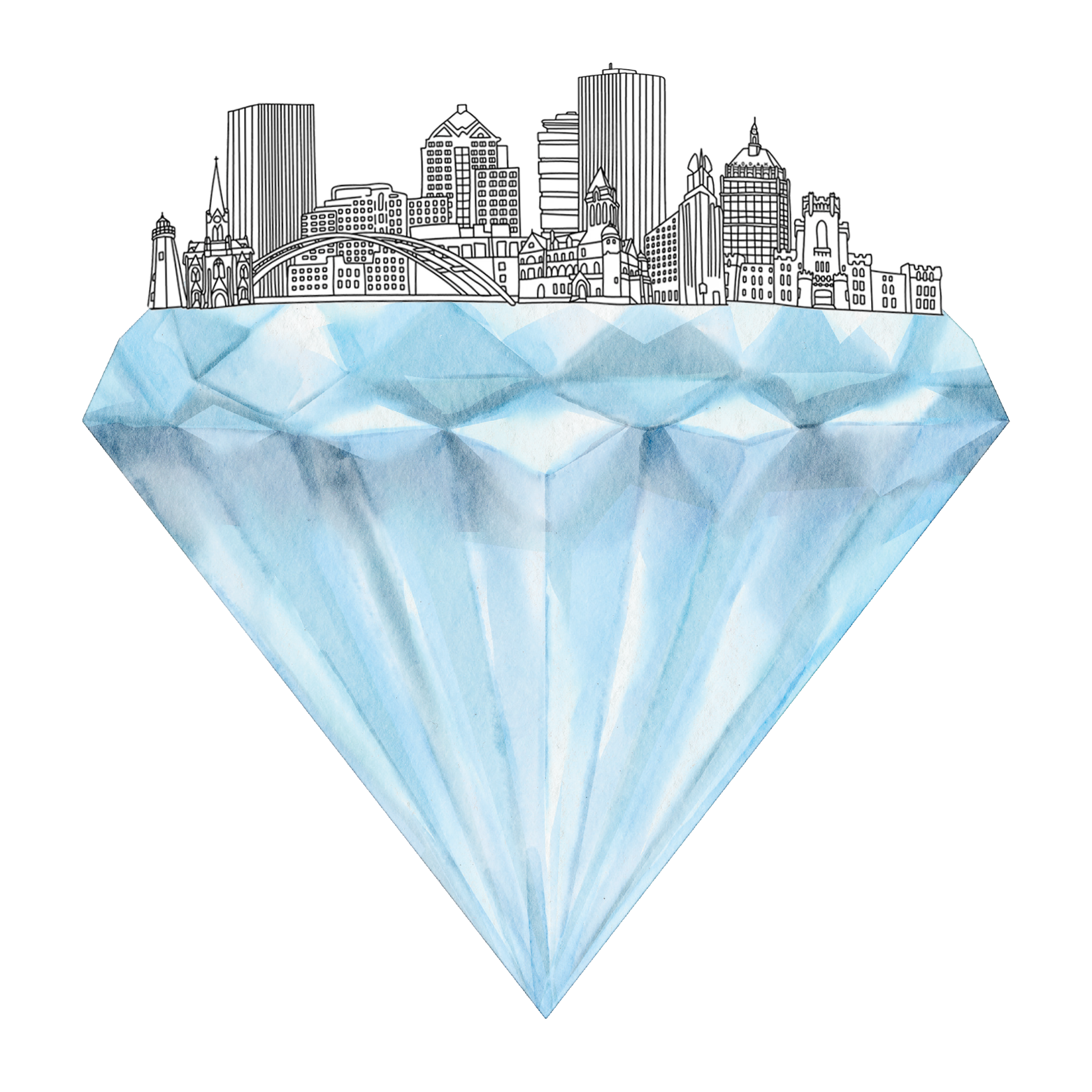 Hand-illustrated logo created for Accent’s recurring “Jewel of Rochester” segment. Blended local skyline with gem forms, symbolizing Rochester as a cultural and design jewel.