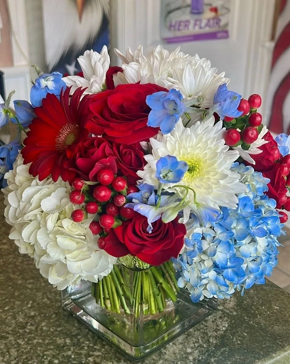 Blooming red, white &amp; blue for the 250th! Celebrating Independence Day with fresh florals 🇺🇸🌺 We hope everyone has a lovely holiday and are staying cool! 

 #FourthOfJuly #PatrioticFlowers #RedWhiteAndBlue #July4thDecor #FairfieldCT #