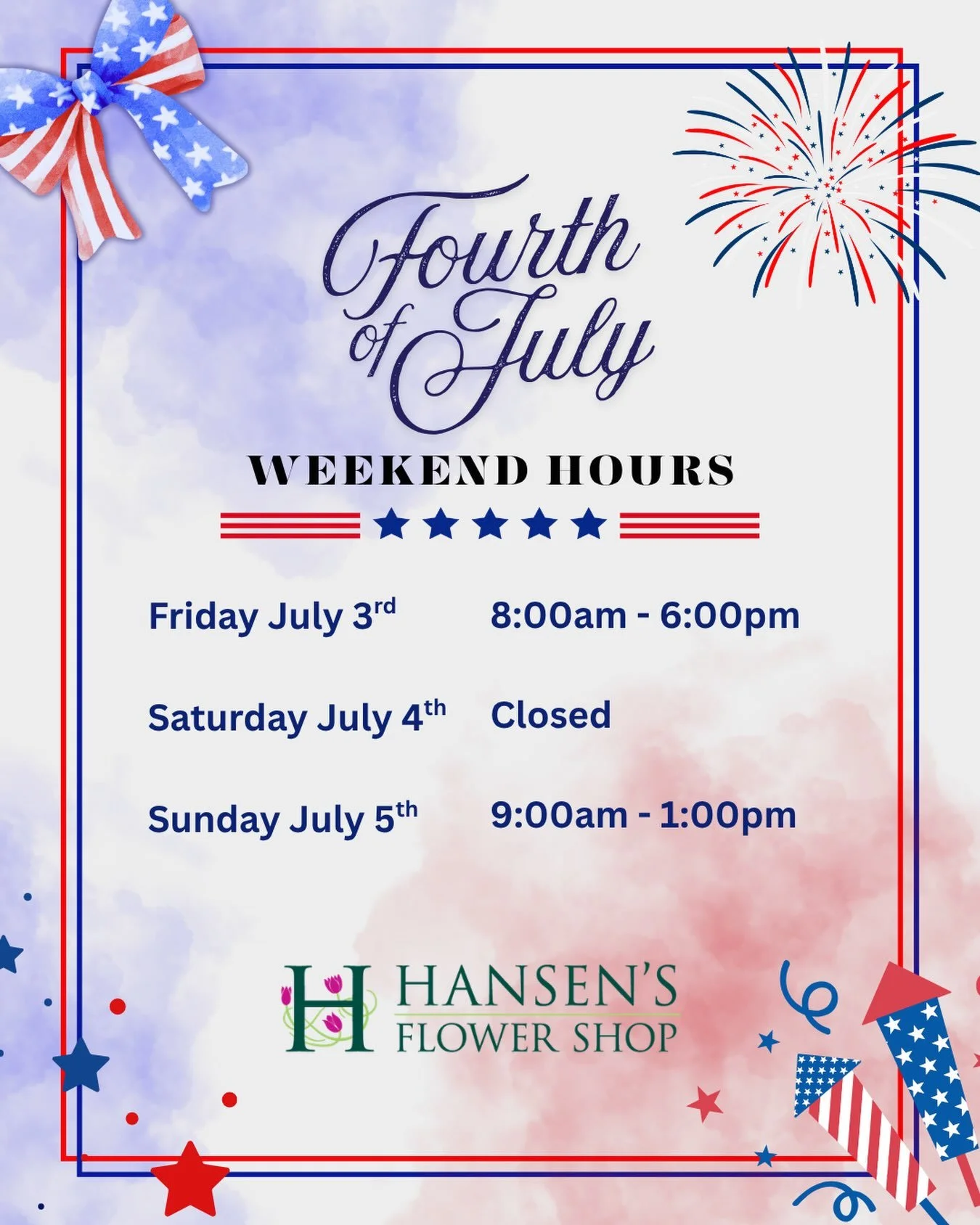 Here are our Holiday weekend hours! We hope everyone is having a lovely week and staying cool!! 💐🌼🇺🇸💙
