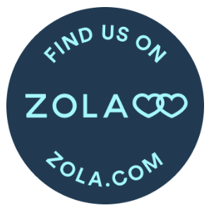 A circular badge with a blue background that says "Find us on Zola" and "Zola.com," with the Zola logo and two interlinked hearts.