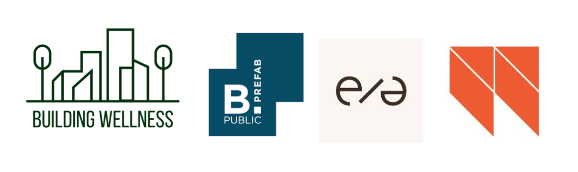 Logos for: Building Wellness, B.PUBLIC Prefab, HereAbout Homes, and Steven Winters