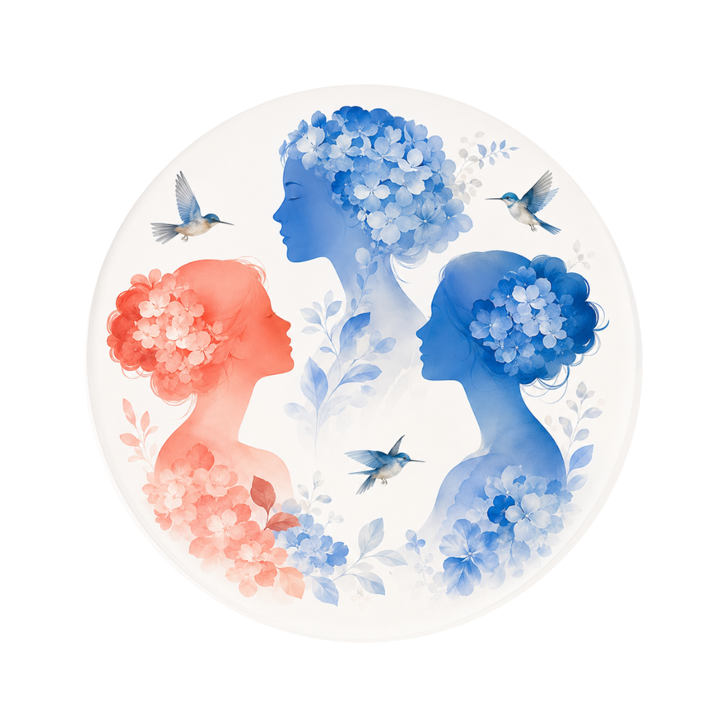 Digital illustration of three women with floral and hummingbird motifs, two in shades of blue and one in shades of pink, facing each other with hummingbirds flying around.
