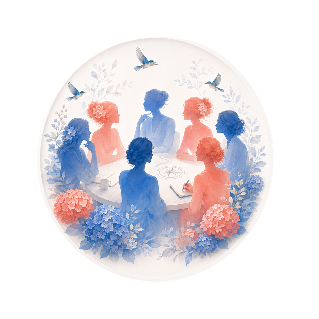 Illustration of seven women with floral hair accessories sitting around a circular table, with four women in pink and three in blue, surrounded by blue and pink hydrangeas and flying hummingbirds.