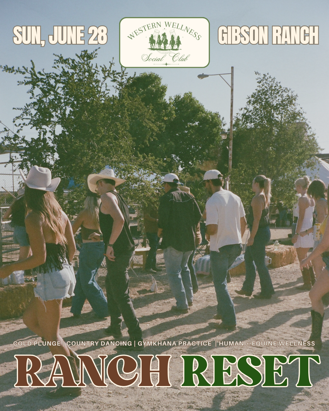 A group of friends line dancing on a ranch together