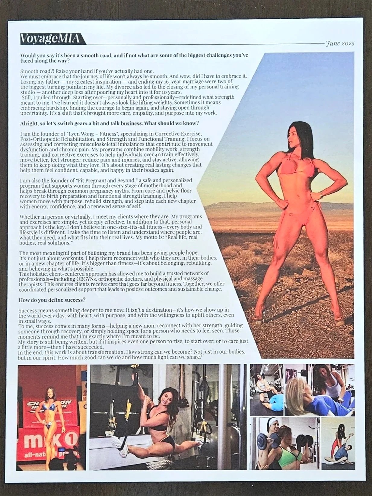 Voyage Miami’s June 2025 interview with personal trainer Lyen Wong, pictured outdoors, about prenatal and postpartum training, strength and mobility for adults over 40, and resilience.