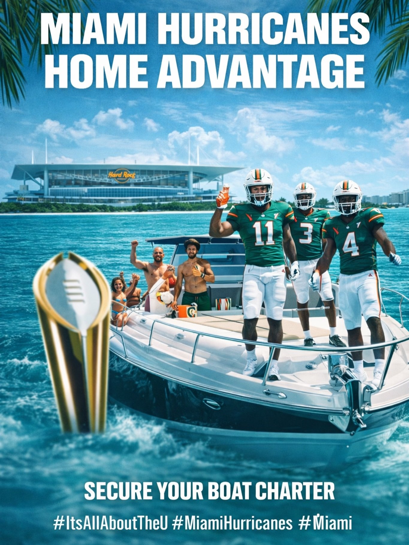 🏟️ Home stadium.
🌊 Home waters.
🌴 Home advantage.

Miami Hurricanes fans &mdash; championship week deserves a proper celebration.

👉 Secure your boat charter and celebrate the U the Miami way

#NationalChampionship 
#CollegeFootball 
#CFB 
#Hoosi
