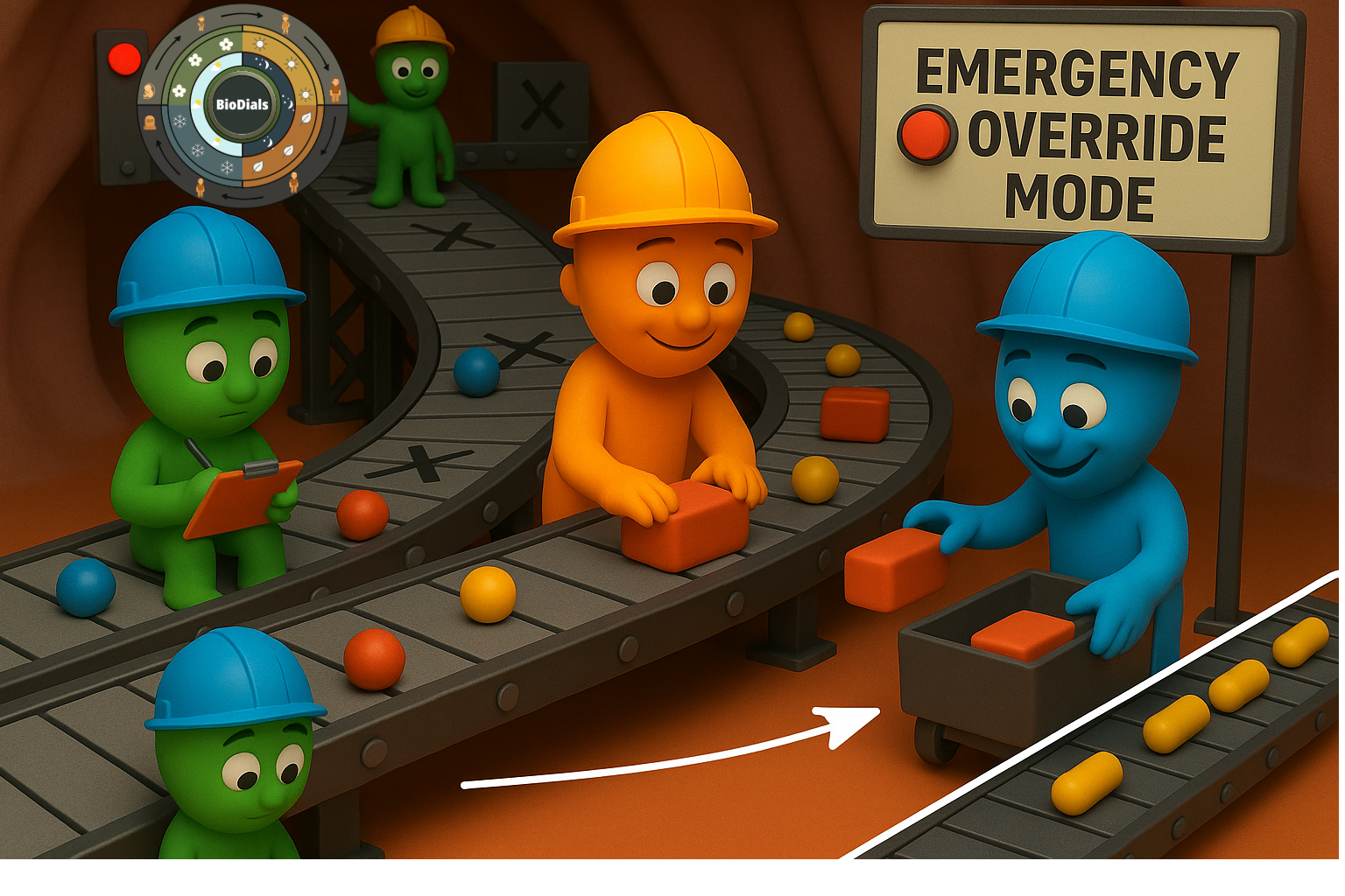 Illustration of workers on a conveyor belt labeled “Emergency Override Mode.”