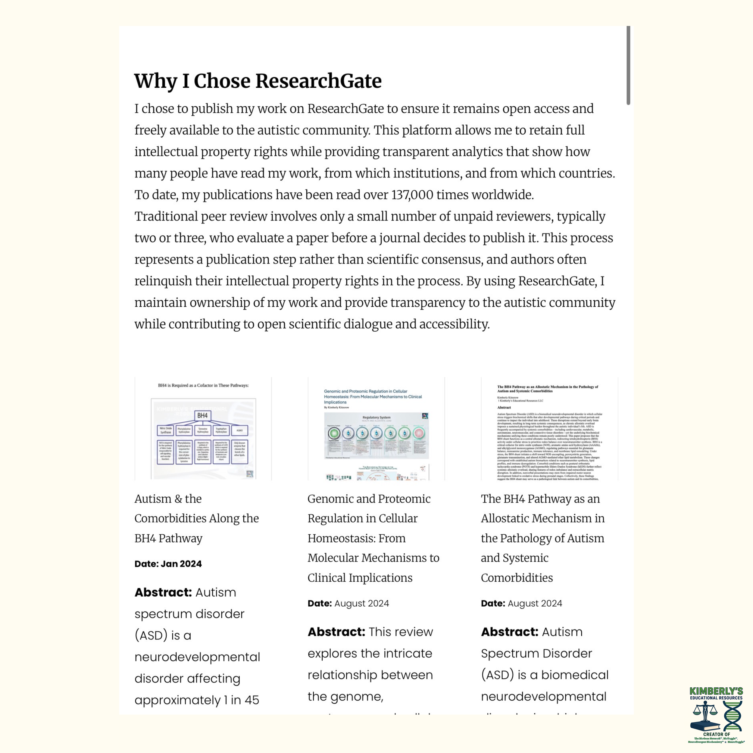 Screenshot of a webpage section titled “Why I Chose ResearchGate” with text explaining open access publishing and thumbnails of related publications.